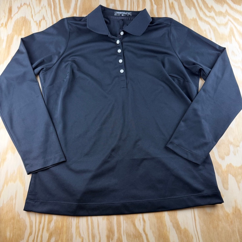 Nike Golf Womens XL Dri-FIT Long Sleeve Polo Shirt Black 5-Button Placket Active